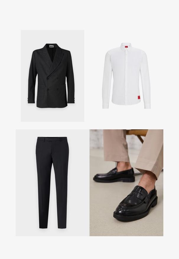 Dwurzędowa czarna marynarka wykonana z wysokiej jakości tkaniny, z wylotami na klapy, dwoma przednimi kieszeniami oraz guzikami na mankietach. Czysty, dopasowany design.; Biała koszula z długim rękawem i kołnierzykiem zapinanym na guziki, z czerwoną metką marki po boku oraz gładką, jednolitą fakturą.; Czarne dopasowane spodnie o klasycznym kroju, z płaskim przodem, szlufkami na pasek i bez widocznych wzorów czy akcentów. Gładka tekstura.; Czarne skórzane mokasyny o gładkim wykończeniu, z dekoracyjnym paskiem i kontrastowym szwem, w połączeniu z beżowymi spodniami.