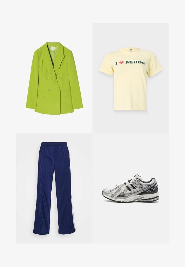 Blazer croisé en tissu vert vif, avec des revers crantés, deux poches avant et une fermeture à bouton. Texture lisse et design ajusté.; BDG Urban Outfitters BABY TEE - T-shirt imprimé - yellow; Pantalons de sport navy avec une taille élastique, jambes droites et zippers sur les côtés. Présente des passepoils blancs le long des côtés. Texture de tissu lisse.; Baskets de course pour hommes en maille blanche avec des accents noirs, dotées d'une semelle rembourrée, d'un design à lacets et d'une surface texturée pour une meilleure adhérence.
