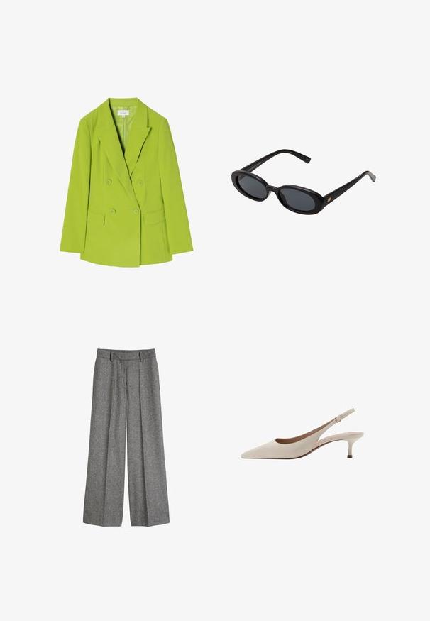 Double-breasted blazer in bright green fabric, with notched lapels, two front pockets, and button closure. Smooth texture and tailored design.; White sleeveless tank top with a square neckline, smooth texture, and a form-fitting design. Made from lightweight fabric.; Grey woolen wide-leg trousers with belt loops and front pleats, designed for a relaxed, tailored fit.; Beige slingback heels with a pointed toe and a low, flared heel. Made from smooth leather with a minimalistic design and adjustable strap.; Black oversized sunglasses with oval lenses, smooth plastic frame, and gold accents on temple. Dark lenses provide sun protection.; Brown patent leather handbag with a rectangular shape, two long handles, and subtle curved accents on the front.