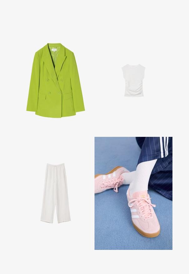 Dvojvrstvni blazer iz svetlo zelene tkanine, z izrezanimi reverji, dvema sprednjima žepoma in zapiranjem na gumb. Gladka tekstura in prilagojen dizajn.; Bela kratka majica s kratkimi rokavi in okroglim izrezom. Ima nabran teksturo ob straneh in prilegajočo silhueto, izdelana iz mehke, raztegljive tkanine.; Bele široke hlače iz lahkega materiala. Imajo elastičen pas s vrvico in stranske žepe. Gladka tekstura.; Svetlo roza antilopni športni copati z belimi črtami in vezalkami, z teksturirano jezičko in gumo podplatom, postavljeni na modrem tepihu.