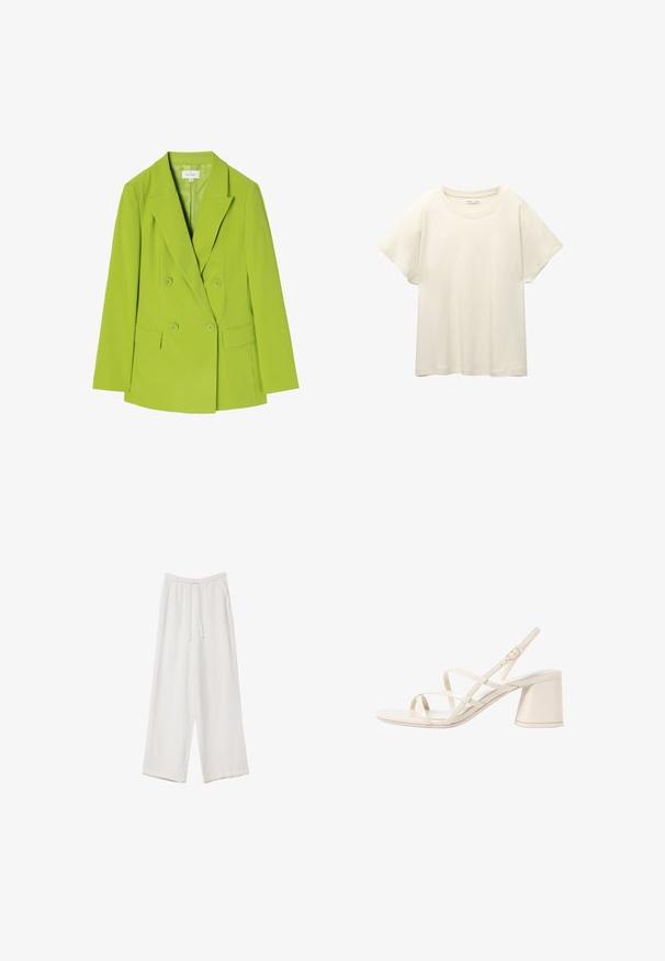 Double-breasted blazer in bright green fabric, with notched lapels, two front pockets, and button closure. Smooth texture and tailored design.; Light beige short-sleeve t-shirt with a round neckline, made of soft, smooth fabric. Features a relaxed fit and straight hemline.; White wide-leg trousers made from a lightweight fabric. Features an elastic waistband with a drawstring and side pockets. Smooth texture.; Beige strappy heeled sandals with a rounded open toe and a medium block heel. Features adjustable ankle strap and smooth, glossy finish.