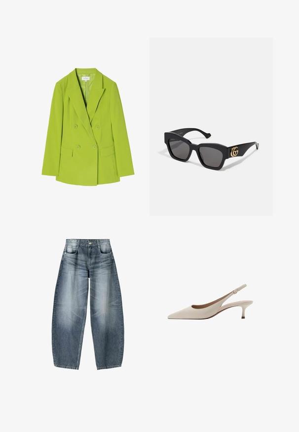 Doppelt geknöpfter Blazer aus leuchtend grünem Stoff, mit Reverskragen, zwei Vorderaschen und Knopfschluss. Glatte Textur und maßgeschneiderte Gestaltung.; Weißes Langarmshirt für Frauen mit Bootsausschnitt, gerafftem Taillenbereich und leicht taillierter Silhouette.; Weite Jeans aus hellblauem Denim mit Ausbleichungen, im fünf-Taschen-Design, mit Knopfverschluss und minimalen Nähtelementen.; Beige Slingback-Absatzschuhe mit spitzer Zehenform und niedrigem, ausgestellten Absatz. Hergestellt aus glattem Leder mit einem minimalistischen Design und verstellbarem Riemen.; Schwarze rechteckige Sonnenbrille mit dunklen Gläsern, mit goldenem GG-Logo an der Seite. Aus glänzendem Kunststoff mit geraden Bügeln.