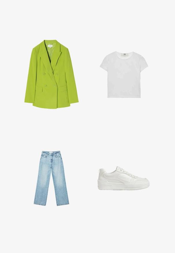 Dubbelzijdige blazer van felgroene stof, met gegolfde revers, twee voorzakken en een knoopsluiting. Glad textuur en op maat gemaakte ontwerp.; Witte t-shirt met korte mouwen en ronde hals, gemaakt van zachte katoen, met een eenvoudig, schoon ontwerp zonder zichtbare patronen of accenten.; Lichtblauwe denim wijde-lange jeans met een hoge taille, voorzien van een vervaagde wassing en kleine, verspreide versleten details overal.; Witte leren sneakers met een gladde textuur, gevoerde enkel en geperforeerde neus. Beschikt over een iets verhoogde rubberen zool en vetersluiting.