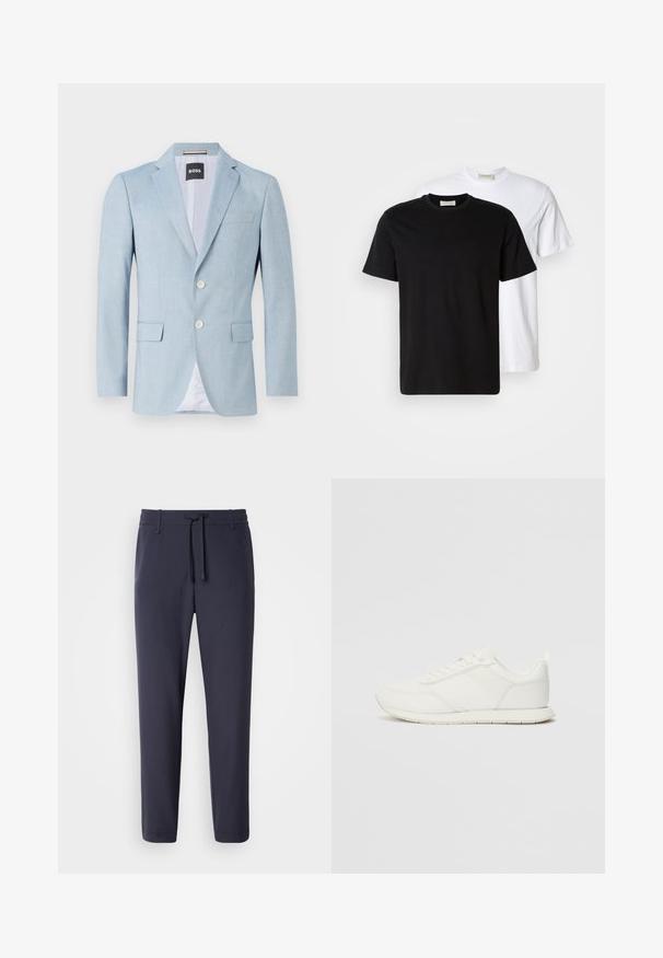 Lichtblauwe blazer met een notch-lapel, twee voorzakken en twee knopen. Gemaakt van een textuurstof met een binnenvoering.; Twee simpele katoenen T-shirts, één zwarte voor een witte geplaatst, beide met korte mouwen en ronde halslijnen.; Marine joggingsbroek met een elastische tailleband en trekkoord. Gemaakt van een glad materiaal, met taps toelopende pijpen en zonder zichtbare zakken.; Witte sneaker met een bovenwerk van mesh en synthetisch materiaal, ronde neus, platte veters en een getextureerde zijstrip. Rubberen zool met een lusje aan de achterkant.