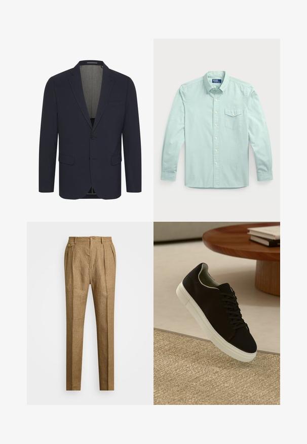 Tamsiai mėlynas bleizeris iš lygaus audinio su įpjautomis atlapais, dviem priekinėmis kišenėmis, vienu mygtuko užsegimu ir šviesios spalvos vidiniu pamušalu.; Šviesiai mėlyna ilgomis rankovėmis marškiniai su kišene, turintys apykaklę, priekinius mygtukus ir tekstūruotą audinį.; Rudos languotus kelnes su struktūruotu siluetu, turinčiu raukšlėtą priekį, dvi šonines kišenes ir mygtuko uždarymą. Lygus tekstūras su pritaikytu dizainu.; Juodas sportinis batelis su baltu padu, lekiančius virš smėlio spalvos tekstūruoto kilimo šalia apvalaus medinio stalo su sukrautomis knygomis.