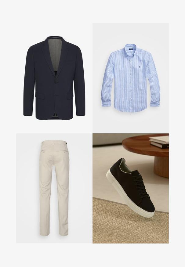 Tamsiai mėlynas bleizeris iš lygaus audinio su įpjautomis atlapais, dviem priekinėmis kišenėmis, vienu mygtuko užsegimu ir šviesios spalvos vidiniu pamušalu.; Mėlynos ir baltos dryžuotos ilgomis rankovėmis medvilninė marškiniai, turintys sagtelę ant apykaklės, priekinius mygtukus ir mažą išsiuvinėtą logotipą krūtinėje.; Bežinės kelnės su lygia tekstūra, tiesiu pjūviu, dviem užpakalinėmis kišenėmis su sagomis ir standartine juosmena.; Juodas sportinis batelis su baltu padu, lekiančius virš smėlio spalvos tekstūruoto kilimo šalia apvalaus medinio stalo su sukrautomis knygomis.