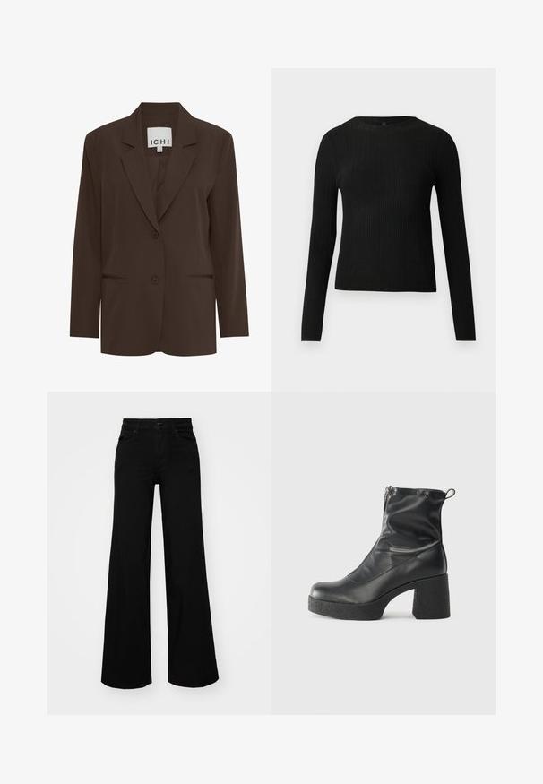 Blazer marrone su misura con rever a punta, due bottoni frontali e due tasche discrete; tessuto liscio con una vestibilità strutturata.; Maglione fitted a maniche lunghe nero a costine con scollo rotondo, esposto su uno sfondo chiaro e semplice.; Pantaloni neri a gamba larga in denim, con una vita strutturata, passanti per la cintura e tasche frontali. Texture liscia con un design classico.; Stivali neri alla caviglia in pelle liscia, con zip laterale, tacco spesso e texture, e punta arrotondata.