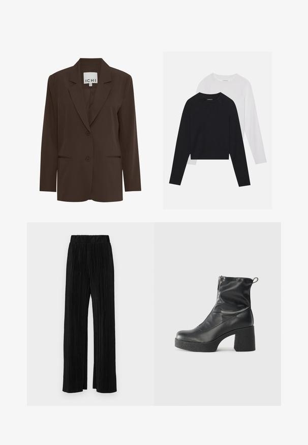 Brauner, maßgeschneiderter Blazer mit Reverskragen, zwei vorderen Knöpfen und zwei dezenten Taschen; glattes Material mit strukturierter Passform.; Zwei langärmelige Hemden: eines schwarz und eines weiß. Beide haben einen Rundhals, Raglanärmel und bestehen aus einem weichen Baumwollmischgewebe.; Schwarze plissierte Hose mit elastischem Bund. Verfügt über weite Hosenbeine und einen glatten, strukturierten Stoff mit vertikalen Streifen.; Schwarze Stiefeletten aus glattem Leder mit seitlichem Reißverschluss, klobigem strukturiertem Absatz und runder Zehenform.