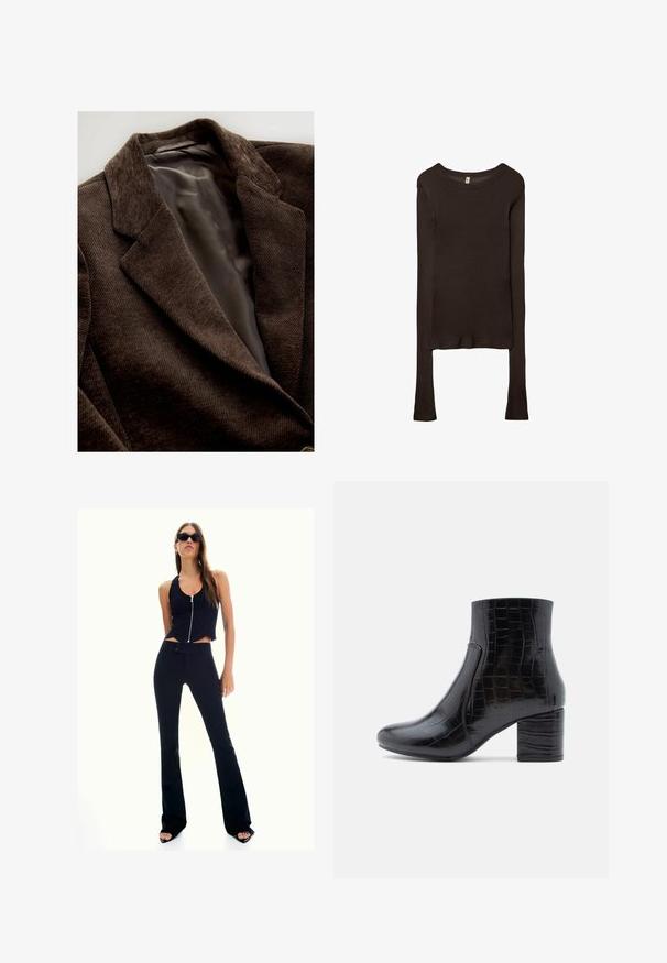 Ruskea corduroykangasbleiseri, jossa on sileä harmaa satiinivuori, notched-lapelit ja teksturoitu pinta.; Pitkähiha, istuva paita tummanruskeasta kankaasta. Pyöreä pääntie, sileä pinta ja hieman pidennetyt hihat ilman hihansuita.; Mustat lyhyet topit, joissa on edessä vetoketju, yhdistetty korkeavyötäröisiin mustiin liehuviin housuihin. Mallilla on tummat aurinkolasit ja korkeakorkoiset sandaalit.; Musta nilkkurit, valmistettu kiiltävästä krokotiilikuvioidusta nahasta. Niissä on pyöreä kärki ja paksu blokki-korko. Sileä pinta ja tyylikäs muotoilu.