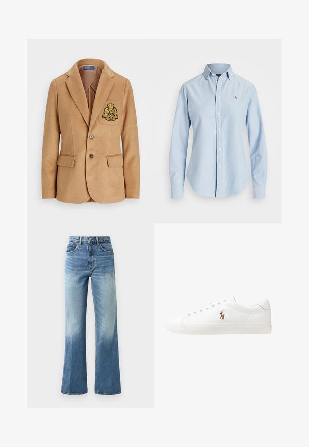 Dzeltenīgs bleizeris ar iegrieztu apkakli, divām pogām un krūšu kabatu. Tam ir izšūta logo zeltā. Audums šķiet mīksts un teksturēts.; Gaiši zils krekliņš ar garām piedurknēm, izgatavots no kokvilnas, ar norādītu apkakli un mazu izšuvumu kreisajā krūtī.; Gaiši zili augstās jostasvietas džinsi, ar plašu kāju griezumu, izbalējušu tekstūru, piecām kabatām un metāla pogu aizdari.; Baltas ādas sporta apavi, zema dizaina, ar gludu tekstūru, noapaļotu purngalu, ar auklēm priekšpusē un nelielu izšūtu logotipu sānos.