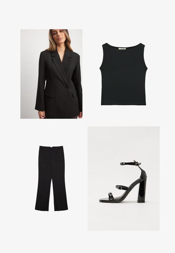 Musta räätälöity bleiseri, jossa on viistetyt läpät ja yksittäinen nappi, sisältäen kaksi etutaskua ja rakenteellisen istuvuuden.; Mustat hihattomat paidat, jotka on valmistettu sileästä kankaasta. Paidassa on pyöreä kaula-aukko ja se on istuva ilman näkyviä kuvioita tai koristuksia.; Mustat housut suoralinjaisella leikkauksella, joissa on etutaskut ja sivurei'ät helman alla. Valmistettu pehmeästä ja sileästä kankaasta. Sopii eri tilaisuuksiin.; Musta kiiltävä korkokenkä sandaalit neliönmuotoisella varpaalla, nilkkaremmillä ja hopeisilla soljilla. Varustettu tukevalla lohkokorkealla vakauden takaamiseksi.