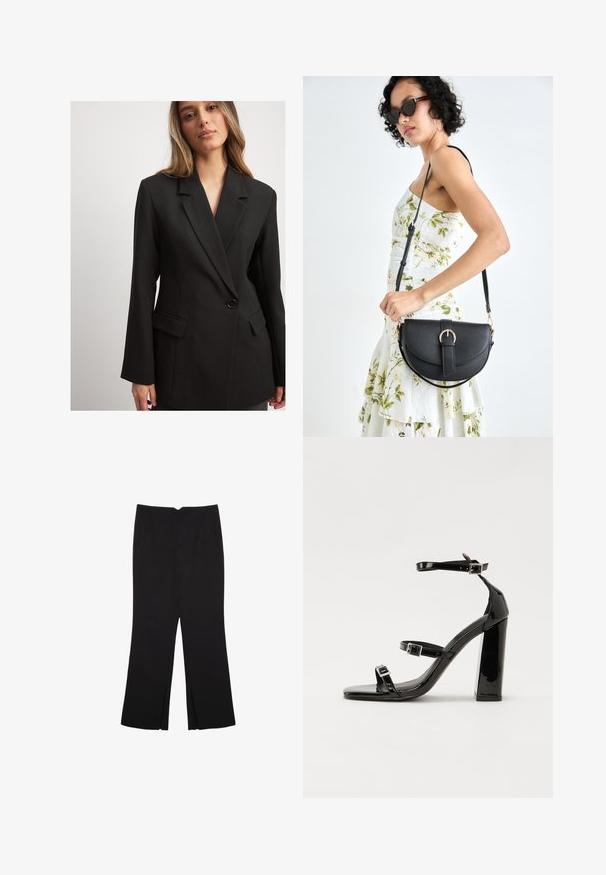 Zwarte op maat gemaakte blazer met een gekarteld revers en een enkele knoopsluiting, uitgerust met twee voork grote zakken en een gestructureerde pasvorm.; Zwarte lange mouwen cropped top met ronde halslijn, eenvoudige ontwerp en een licht gebogen zoom.; Zwarte broek met een rechte pasvorm, voorzien van zijzakken en plooien aan de onderzijde. Gemaakt van zachte, gladde stof. Geschikt voor verschillende gelegenheden.; Zwarte patent lederen sandalen met hoge hakken, twee gespenbanden, een vierkante neus en een stevige blokhak, met een gladde, glanzende textuur.; Zwarte leren handtas met een gebogen vorm, afneembare schouderband en gouden hardware. De tas heeft een klep met een gespsluiting.