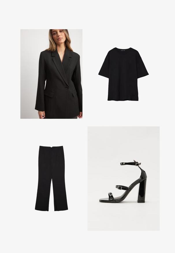 Čierny prispôsobený blazer s klopami a jednostranným zapínaním na gombík, obsahujúci dva predné vrecká a štruktúrovaný strih.; Čierne bavlnené tričko s voľným strihom, krátkymi rukávmi, zaobleným výstrihom a hladkou textúrou. Bez viditeľných vzorov alebo akcentov.; Čierne nohavice so strihom rovného strihu, s prednými vreckami a bočnými rozparkami na leme. Vyrobené z mäkkej, hladkej tkaniny. Vhodné na rôzne príležitosti.; Čierne lakované sandále na podpätku so štvorcovou špičkou, navlečenými remienkami okolo členku a striebornými prackami. Disponujú masívnym blokovým podpätkom pre stabilitu.