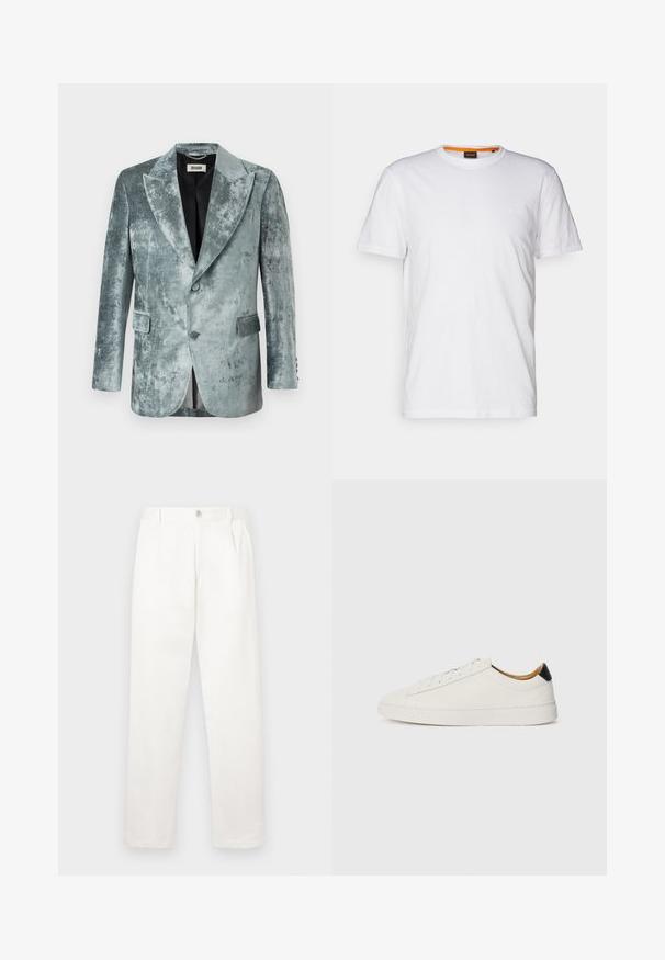 DRYKORN JACATO - Bleiserjakk - green; Valge puuvillane T-särk ümmarguse kaelusega, lühikeste varrukatega ja rinna peal diskreetse reljeefse logoga. Siseetiketil on oranž detail.; Valged püksid, mis on valmistatud siledast kangast, sirge jala disainiga, ees olevate voldidega ja ühekordse nupuga vöökohtadel.; Valge sneaker, millel on sile nahk pealis, ümmargune varvas ja lame tald. Must aktsent kandadel, ton-sümpaatne paeltega ja minimaalne bränding.