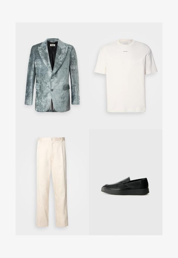 DRYKORN JACATO - Bleiserjakk - green; Valge puuvillane T-särk, millel on ümar kaelus, lühikesed varrukad ning rinnas keskel tikitud "Calvin Klein" logo. Üksluisus.; Beesidised puuvillased püksid sirge jala lõikega, mis on varustatud nööpkinnituse ja ees olevate voltidega, et lisada detaili.; Calvin Klein HYBRID CUP - Jalga libistatavad jalanõud - triple black