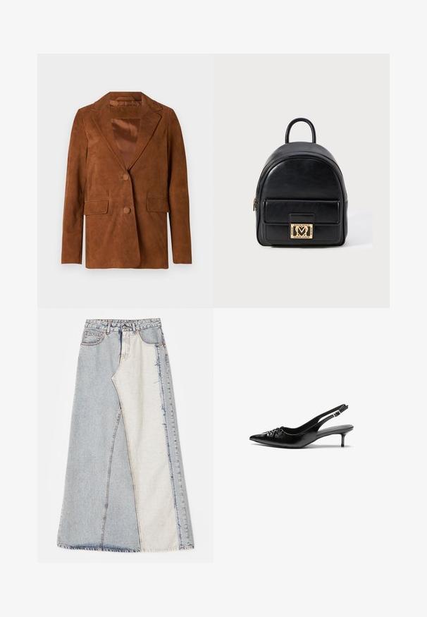 Hnědý nubukový blazer s klopovým límcem, dvěma předními kapsami, jednobarevným zapínáním na knoflík a hladkým saténovým podšívkou.; Bílá košile s dlouhým rukávem z hladké bavlněné směsi. Obsahuje klasický límec, přední zapínání na knoflíky a zaoblené manžety.; Džínová sukně s patchwork vzorem obsahující světlé a středně modré části, roztrhané okraje a vysoký pas. Klasický pětikapsový styl.; Černé kožené lodičky na slingback s špičatou špičkou, malým podpatkem typu kitten a ozdobným uzlem na přední straně. Hladký povrch po celém obvodu.; Černý kožený mini batoh s přední kapsou na zip a logem Love Moschino v zlatém tónu na bílém pozadí.