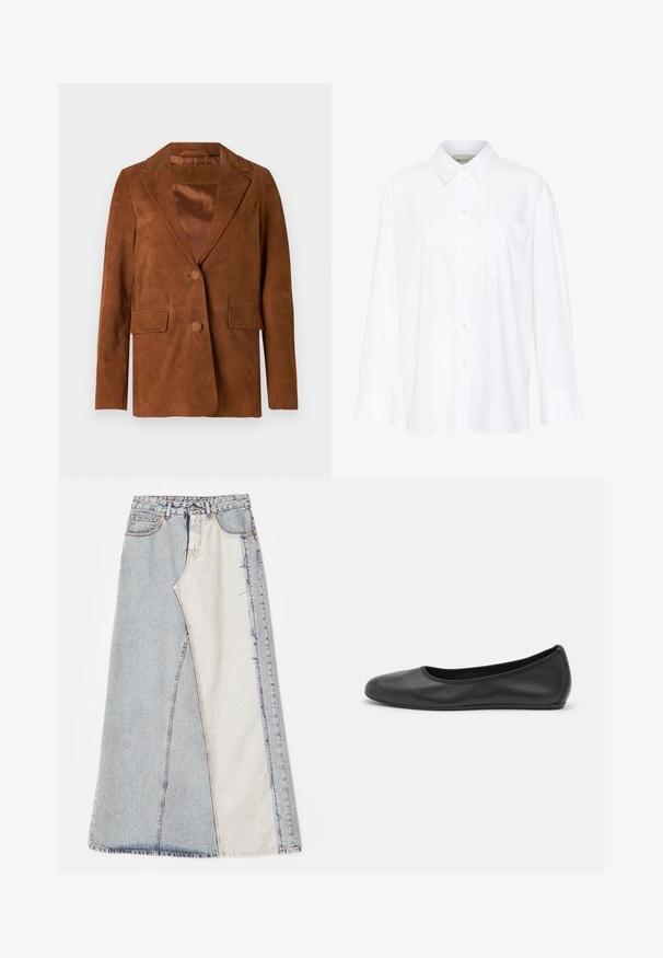 Pruun nubukist bleiser, millel on nurgeline klapp, kaks esist taskut, ühekordne nööbiriiv ja sile satenvooder.; Valge pika käisega krae särg, mis on valmistatud puuvillast. Omab nööbipaneeli esiosa ja ühte rinna taskut. Sujuv tekstuur, vabalt lõigatud.; Denim seelik, millel on patšitud disain, kus on heledad ja keskmise sinise tooni sektsioonid, rebenenud servad ja kõrge vöökoht. Klassikaline viie taskuga stiil.; Musthave mustika tantsutossud mustast nahast, ümmarguse varbaga, siledast tekstuurist, minimaalse õmblusdetailiga ja paindliku tallakujundusega.