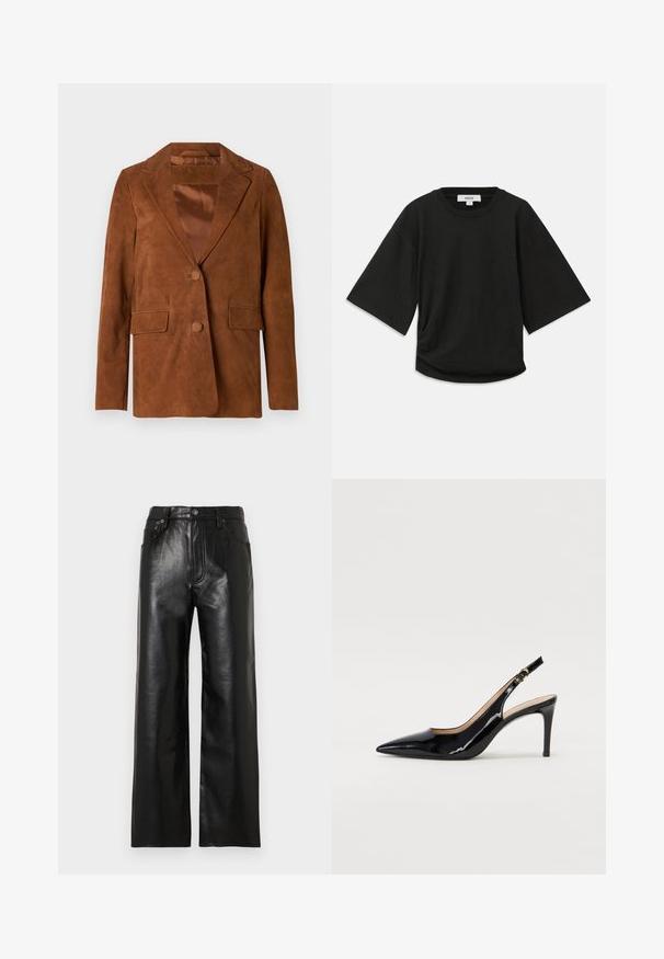 Brown suede blazer with a notched lapel, two front pockets, single button closure, and smooth satin lining.; Black short-sleeve t-shirt made of soft cotton, featuring a round neckline and a relaxed fit with a subtle gathered detail at the side.; Black leather wide-leg pants with a glossy finish, featuring front pockets, a zip fly, and a button closure. Smooth texture throughout.; Black patent leather slingback pump with pointed toe, slim heel, and a subtle cutout design. Features a gold buckle on the strap.