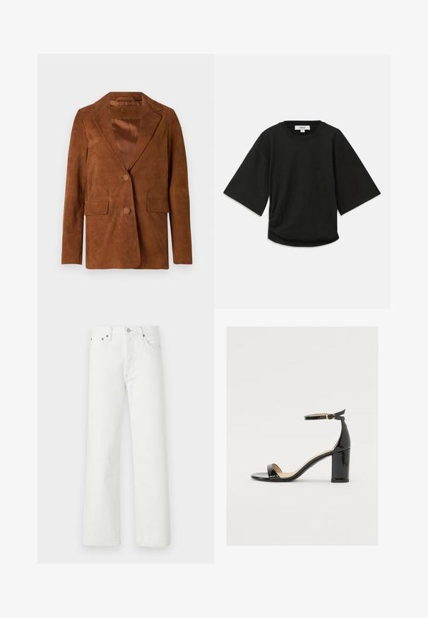 Ruskea mokkanahkablazer, jossa on lovetettu kaulus, kaksi etutaskua, yksittäinen nappikiinnitys ja sileä satiinivuori.; Musta lyhythihainen t-paita pehmeää puuvillakangasta, jossa on pyöreä kaula-aukko ja rento leikkaus, jossa on huomaamaton keräysdetaili sivussa.; Valkoiset farkut, joissa on suora lahje, viisi taskua ja metalliset yksityiskohdat vyötäröllä ja taskuissa.; Mustat patenttinahtiset sandaalit, joissa on leveä korko, avoin varvas ja nilkkahihna, jossa on kultainen solki. Suora pinta ja tyylikäs muotoilu.