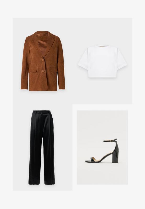 Blazer de camurça castanha com lapela dentada, dois bolsos frontais, fecho de botão único e forro de seda suave.; T-shirt branca corta, feita de tecido macio, apresentando mangas curtas, um decote redondo e detalhes de bainha canelada. Design simples e despretensioso.; Calças pretas de cetim de cintura alta com pernas largas e retas, passantes para cinto e fecho frontal plano sobre um fundo branco liso.; Sandal de pele sintética preta com salto largo, ponta aberta e tira no tornozelo com fivela dourada. Textura suave e design elegante.