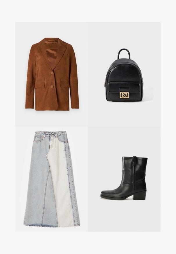 Brūns zamša žakets ar iedobētu apkakli, divām priekšējām kabatām, vienu pogu aizdari un gludu satīna odere.; Melna tops ar plānām spaghetti siksniņām, izgatavots no ribota auduma, ar taisnu griezumu un uzrakstu uz kakla izgriezuma "IVY OAK."; Džinsu svārki ar aplicējumu dizainu, kas sastāv no gaiši un vidēji zilo daļu, ar nodilušiem malām un augsto jostu. Klasiskā piecu kabatu stilā.; Melna ādas potīte ar noapaļotu purngalu, bloku papēdi, sānu rāvējslēdzēju un šuvju akcentiem uz virsmas. Gluda tekstūra, klasiskā dizaina.; Melna ādas mini mugursoma ar priekšējo rāvējslēdzēja kabatu un zeltaini Love Moschino logo plaketi uz baltā fona.