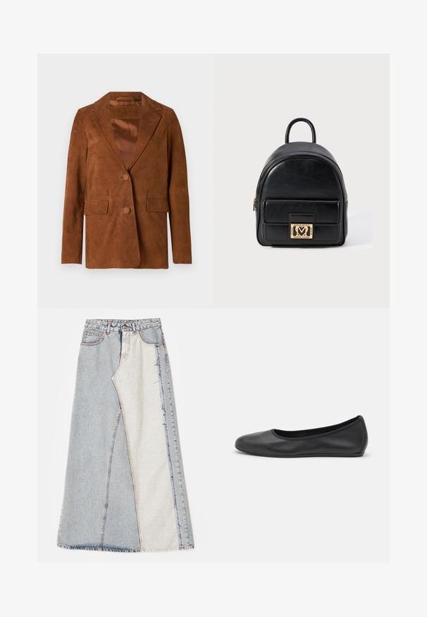Brązowy zamszowy żakiet z wykładanym kołnierzem, dwoma przednimi kieszeniami, zapięciem na jeden guzik oraz gładką satynową podszewką.; Jasnoróżowy top na ramiączkach wykonany z miękkiego, elastycznego materiału. Posiada okrągły dekolt i wąskie ramiączka, a także gładką teksturę i dopasowany krój.; Spódnica dżinsowa z wzorem patchworkowym z jasnoniebieskimi i średnioniebieskimi sekcjami, postrzępionymi brzegami i wysokim stanem. Klasyczny fason z pięcioma kieszeniami.; Czarne skórzane baletki z zaokrąglonym noskiem, gładką fakturą, minimalnymi przeszyciami i elastycznym designem podeszwy.; Czarny skórzany mini plecak z przednią kieszenią na zamek i złotą plakietką z logo Love Moschino na białym tle.