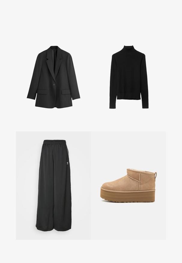 THE SET Kratka jakna - black; Crna rolka od mekog pletiva. Ima duge rukave i prilagođeni kroj s ravnim rubom.; Crne slobodne trening hlače izrađene od glatkog materijala. Imaju elastičnu taliju i bočne pruge s logotipom.; Bež nubuk gležnjače s udobnom unutrašnjošću, s platformom i trakom na stražnjem dijelu za lako oblačenje. Teksturirana guma potplat.