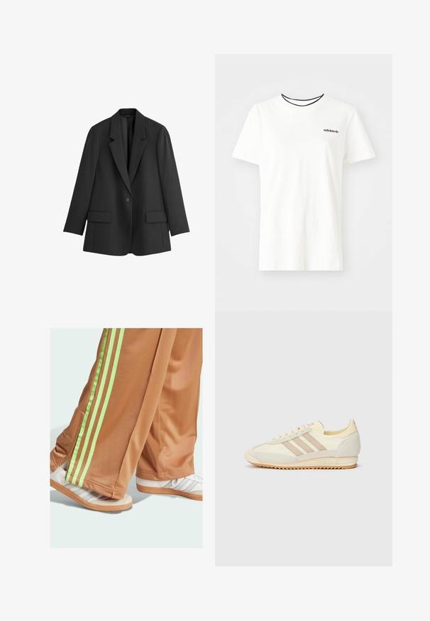 THE SET Blazer - black; Camiseta de algodón blanca con manga corta y escote redondo. Presenta un logo negro de Adidas en el pecho y un cuello interior negro en contraste.; Pantalones deportivos marrones con franjas laterales verdes, combinados con zapatillas blancas con franjas grises y suela de goma. El diseño enfatiza la comodidad.; Zapatilla deportiva crema con tres rayas beige, materiales de ante y textil, una suela texturizada y un logotipo en relieve en el talón.