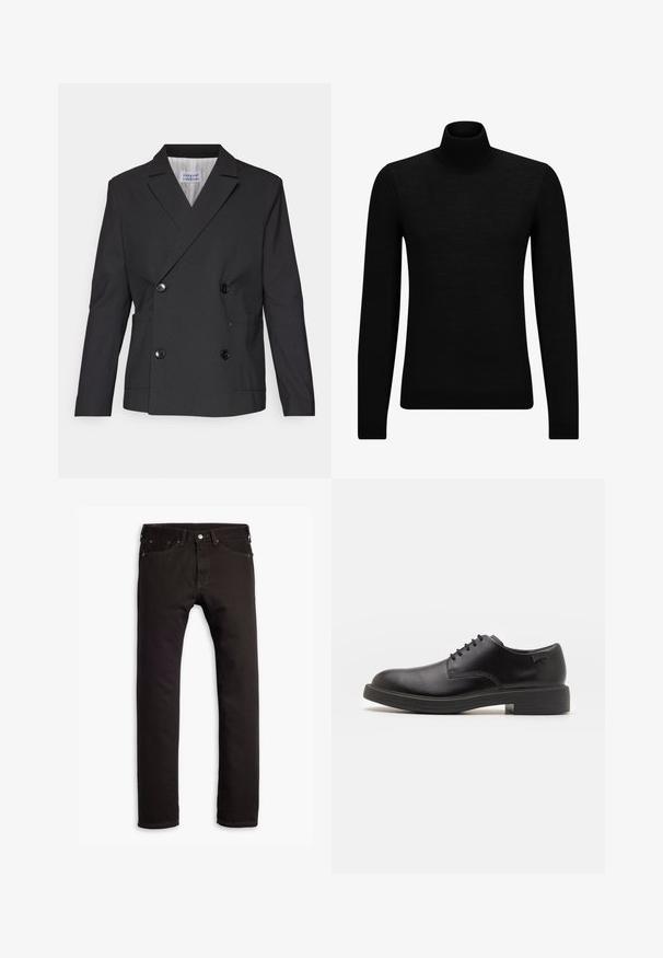 Libertine-Libertine PUBLIC - Sacou de costum - black; Pulover negru cu guler înalt, realizat dintr-un material moale, cu mâneci lungi și o croială ajustată. Tiv și mansete cu margine ondulată. Design simplu.; Jeans negri slim-fit cu cinci buzunare și închidere cu nasture, așezați plat pe un fundal alb.; Pantofii din piele neagră, cu șireturi, au vârful rotunjit, o textură netedă, cusături minime și un toc de cauciuc scăzut. Logo pe toc.