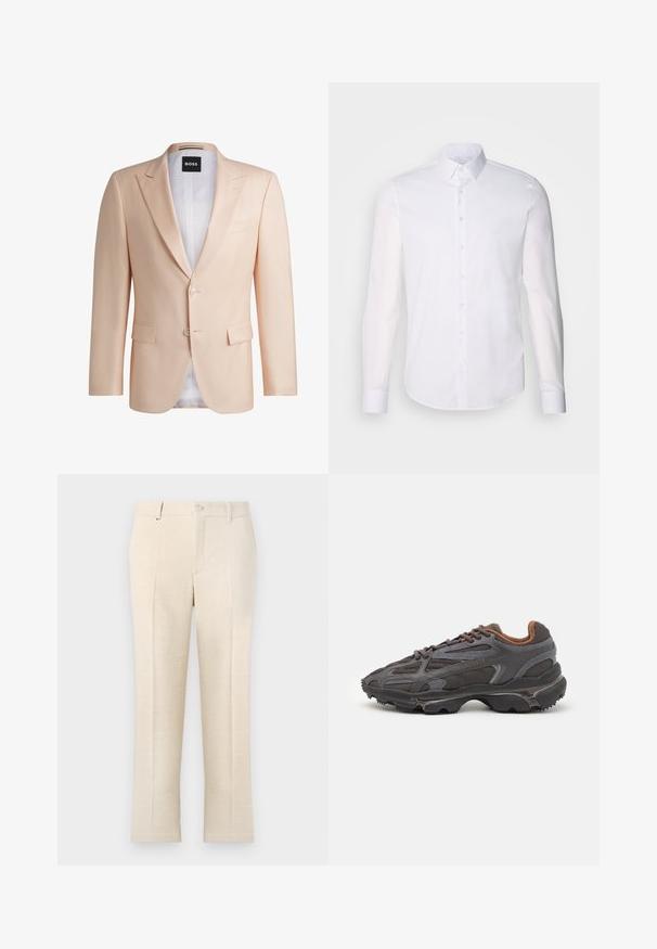 Lichtperzikkleurig op maat gemaakt blazer van gladde stof. Bevat gesneden revers, twee voorknopjes en twee voorzakken. Witte voering zichtbaar.; Witte lange mouwen overhemd met knopen, gemaakt van katoen, voorzien van een klassieke kraag, voorkant met knopen en minimale stikdetails.; Beige op maat gemaakte broek met een gestructureerde stof, voorzien van een ritssluiting, twee voorkruiszakken en een smal, recht model.; Lacoste sneakers in donkergrijs van mesh en synthetisch materiaal, met een gestructureerde zool en bruine accenten op de kraag en branding.