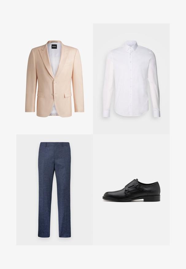 Šviesiai persikų spalvos priderinta švarkas, pagamintas iš glotnaus audinio. Turintis išpjautas apykakles, du priekiniai mygtukai ir dvi priekinės kišenės. Matoma balta pamušalo dalis.; Baltas ilgas rankoves mygtukinis marškinys, pagamintas iš medvilnės, su klasikinio tipo apykakle, priekyje esančiais mygtukais ir minimaliais siuvinėjimo detalėmis.; Tamsiai mėlynos kelnės, pagamintos iš tekstūruoto audinio, su tiesiomis kojomis, lygia priekiu ir dviem šoninėmis kišenėmis. Nėra matomų raštų ar akcentų.; Juodas odinis vakariniu batų modelis su dviem sagtimis, elegantiška siluetas ir apvaliu nosiu. Yra žemas kulnas ir glotni tekstūra.