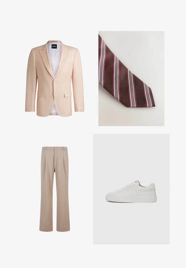 Giacca su misura di un leggero pesca realizzata in tessuto liscio. Presenta rever a punta, due bottoni frontali e due tasche frontali. Fodera bianca visibile.; Camicia button-down bianca in cotone con colletto classico, maniche lunghe e un piccolo logo ricamato sul lato sinistro del petto.; Pantaloni beige a pieghe realizzati in tessuto liscio con un design a gamba dritta, caratterizzati da una chiusura con bottone e dettagli di cucitura discreti.; Sneakers bianchi in pelle, modello low-top, con punta rotonda, suola piatta in gomma bianca e dettagli di cucitura minimalista. Lacci fissati attraverso sei occhielli.; Next STRIPE - Cravatta - red