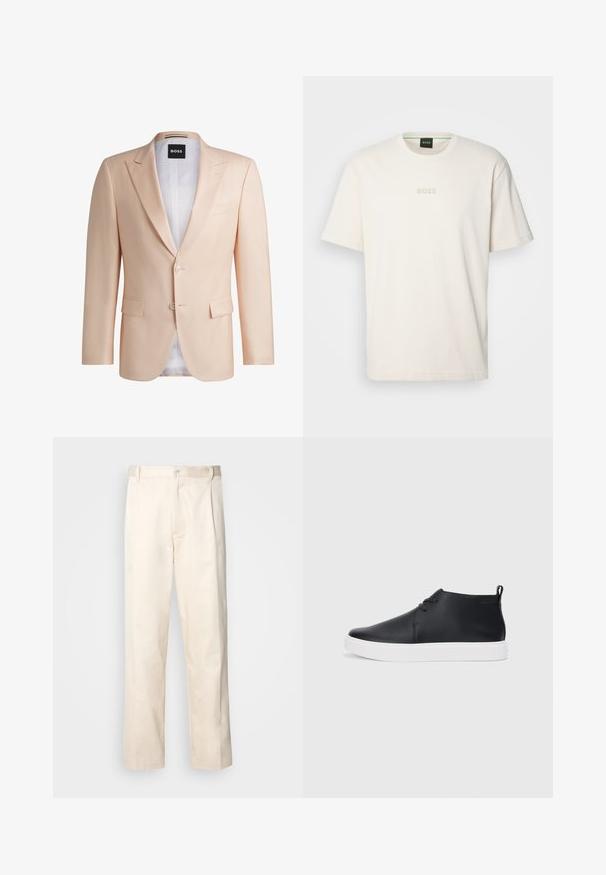Veste de costume ajustée en pêche clair fabriquée en tissu lisse. Elle présente des revers crantés, deux boutons sur le devant et deux poches avant. Doublure blanche visible.; BOSS TEE - T-shirt basique - open white; Pantalon en coton beige avec une coupe droite, présentant une fermeture à bouton et des plis sur le devant pour plus de détails.; Baskets montantes en cuir noir au fini lisse, semelle en caoutchouc blanc et design simple à lacets. Comprend une languette à l'arrière.