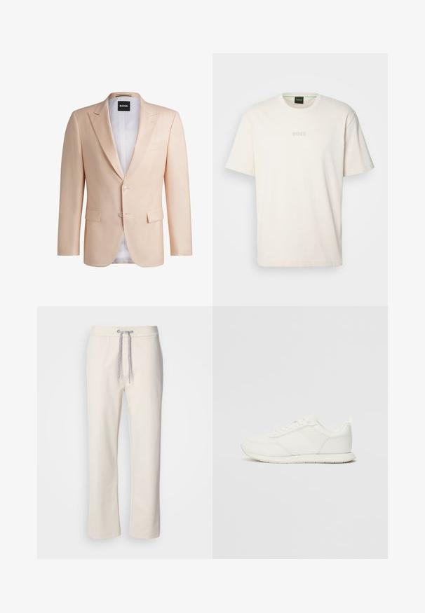 Lyse ferskenfarvet skræddersyet jakkesæt lavet af glat stof. Har spidse slag, to frontknapper og to frontlommer. Hvidt foer synligt.; BOSS TEE - T-shirts basic - open white; Cremefarvede afslappede bukser med snørebånd i taljen og lige ben, vist mod en enkel hvid baggrund.; Hvid sneaker med en overdel af mesh og syntetisk materiale, rund tå, flade snørebånd og en struktureret side-stribe. Gummisål med en træktab bagpå.