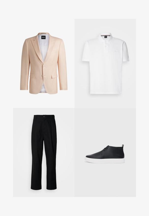 Lichtperzikkleurig op maat gemaakt blazer van gladde stof. Bevat gesneden revers, twee voorknopjes en twee voorzakken. Witte voering zichtbaar.; Witte polo shirt gemaakt van een katoen-polyester combinatie, met een kraag, twee-knoop sluiting en een subtiele geborduurde logo op de borst.; Zwarte rechte broek met een knoopsluiting, lusjes voor een riem en een voornaad, gepresenteerd tegen een effen witte achtergrond.; Zwarte leren high-top sneakers met een gladde afwerking, witte rubberen zool en een eenvoudig vetersluiting ontwerp. Beschikt over een trekband aan de achterkant.