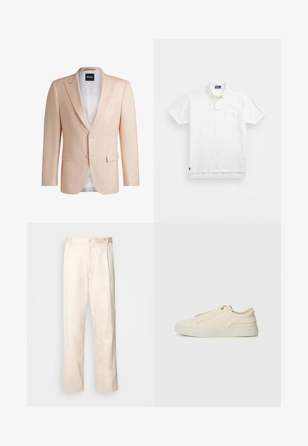 Ljus persikofärgad skräddarsydd kavaj i slätt tyg. Har slagknappar, två frambuttoner och två framfickor. Vit foder synlig.; Vit polo skjorta i bomull med en klassisk krage, treknapps placket och en bröstficka på vänster sida; liten logga vid fållen.; Beiga bomullbyxor med rak benform, utrustade med knappstängning och veck framtill för extra detalj.; Beige lädersneaker med rund tå, minimalistisk design, subtila stygndetaljer och en texturerad ovandel, på en ljus sula.