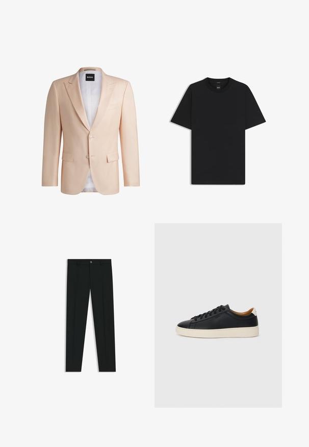 Lyse ferskenfarvet skræddersyet jakkesæt lavet af glat stof. Har spidse slag, to frontknapper og to frontlommer. Hvidt foer synligt.; Sort kortærmet T-shirt lavet af en glat bomuldsblanding, med en rund halsudskæring og et minimalistisk design uden mønstre eller accenter.; Sorte dressbukser med lige ben-design, lavet af glat stof. Har en frontlukning med knap og bæltestropper. Enkle uden mønstre.; Sorte lædersneakers med en glat overflade, beige gummisål, snørebåndsdesign og en kontrastfarvet hæl.