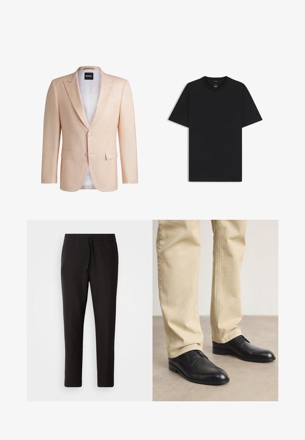 Light peach tailored suit jacket made of smooth fabric. Features notched lapels, two front buttons, and two front pockets. White lining visible.; Black short-sleeve T-shirt made from a smooth cotton blend, featuring a crew neckline and a minimalistic design with no patterns or accents.; Black jogger pants made of smooth fabric. Feature an elastic waistband with a drawstring, tapered legs, and no visible pockets. Simple design.; Black leather lace-up shoes with a rounded toe, smooth finish, and subtle stitching details, worn with light beige pants.