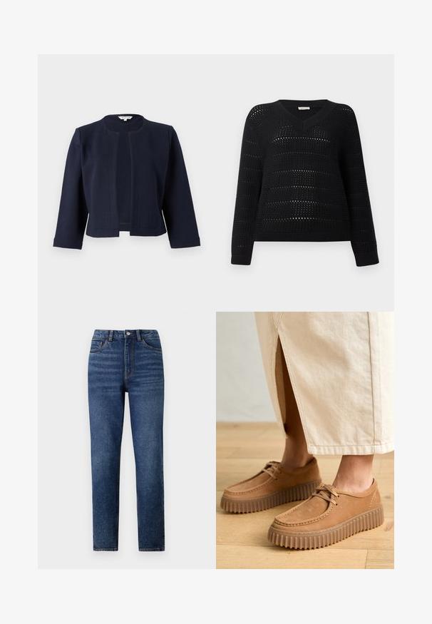 Giacca corta blu navy realizzata in tessuto texturizzato, con scollo rotondo e apertura frontale, maniche a tre quarti.; TOM TAILOR DENIM V NECK - Maglione - deep black; Jeans in denim blu a vita alta con gamba dritta, caratterizzati da un leggero effetto consumato, chiusura con un bottone singolo e design a cinque tasche.; Scarpe in pelle color cuoio con superficie texture, punta rotonda e suole spesse e scanalate. I lacci e i dettagli della cucitura arricchiscono il design.