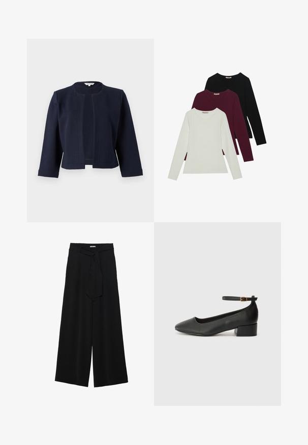 Granatowa, krótka kurtka z teksturowanej tkaniny, z okrągłym dekoltem i otwartym przodem, z rękawami o długości trzech czwartej.; Koszulki z długim rękawem w kolorach białym, burgundowym i czarnym. Wykonane z miękkiej tkaniny, z okrągłym dekoltem i dopasowanym krojem. Idealne do warstwowego ubierania.; Czarne spodnie szerokie z teksturowanej tkaniny, z elastycznym paskiem w talii i odpinanym paskiem w talii dla regulowanego dopasowania.; Czarne skórzane szpilki z ostrym noskiem i niskim słupkowym obcasem. Wyposażone w pasek na kostkę z złotym zapięciem. Gładka tekstura.
