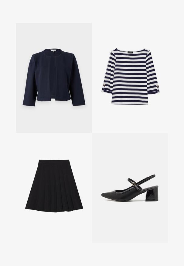 Marineblaues, kurzes Jackett aus strukturiertem Stoff, mit runden Ausschnitt und offener Front sowie drei Viertel langen Ärmeln.; Gestreiftes Langarmoberteil in Marineblau und Weiß mit einem Bootsausschnitt und goldfarbenen Knopfdetails an den hochgekrempelten Ärmeln. Weicher Stoff, entspannter Schnitt.; Schwarzer, plissierter Rock aus strukturiertem Stoff mit einem taillierten Bund. Fällt knielang und hat eine glatte, klare Silhouette.; Schwarze Lackleder-Slingback-Absätze mit spitzer Zehenform, einem runden Ausschnitt-Design und einem Blockabsatz. Mit einem goldfarbenen Schnallenakzent.