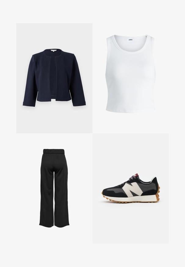 Marineblå cropped jakke lavet af tekstureret stof, med rund halsudskæring og åben front samt trekvartlængde ærmer.; Hvid ribbet tanktop med rund halsudskæring, ærmeløs design og cropped længde. Etiketten står der "JJXX." Glat stoftekstur.; Sorte, vide bukser med elastisk talje, lavet af glat stof. Har et enkelt design uden lommer eller synlige sømdetaljer.; Sort og grå ruskinds sneakers med et stort cremefarvet "N" logo, lilla snørebånd og en struktureret gummisål.