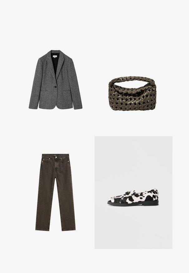 Szary żakiet z mieszanki wełny, z wyłami i zapięciem na jeden guzik, oraz dwoma przednimi kieszeniami. Teksturowany materiał z delikatnym wzorem.; Długi rękaw, golf w kolorze kremowym, wykonany z lekkiego materiału o gładkiej fakturze; cechuje się dopasowanym krojem oraz marszczonym wykończeniem u dołu.; Ciemnobrązowe jeansy o prostym kroju wykonane z denimu, z klasycznym pięciokomorowym designem, metalowymi elementami oraz widocznymi detalami przeszycia.; Czarno-białe loafersy w krowi wzór z płaską gumową podeszwą, charakteryzujące się gładką fakturą i okrągłym noskiem. Regulowany pasek na górze.; W pleciona torba w ciemnooliwkowej skórze, z okrągłym uchwytem na górze i miękką, teksturowaną powierzchnią w stylu hobo.; Srebrne kolczyki w kształcie obrączek z polerowanym wykończeniem, mające okrągły kształt i zapięcie na zawias, podkreślające elegancki i minimalistyczny design.