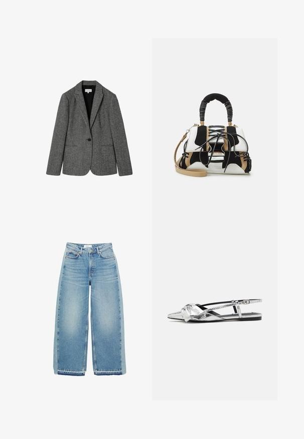 Šedý blazer z vlny s příměsí s klopami, zapínáním na jeden knoflík a dvěma předními kapsami. Texturovaná látka s jemným vzorem.; Hnědý krátký svetr s dlouhými rukávy a kulatým výstřihem, zobrazený rozložený na bílém pozadí.; Světle modré džínové kalhoty širokého střihu, vyrobené z denimu, s vysokým pasem, zapínáním na knoflík, předními kapsami a surovým lemem.; Stříbrné metalické slingback baleríny s špičatou špičkou, které mají na přední části detail uzlu a nastavitelný pásek pro bezpečné uchycení.; Vícebarevná kabelka s černou, bílou a béžovou síťovinou. Obsahuje texturovanou rukojeť, design na šněrování a odnímatelný popruh přes rameno.