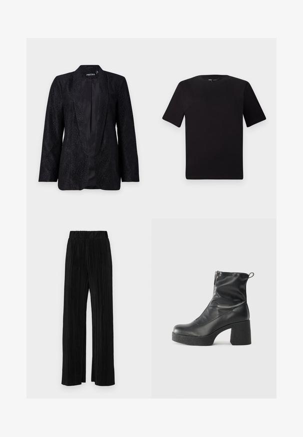 Juodas nėriniuotas švarkas su tekstūruotu gėlių raštu, atvira priekinė dalis ir ilgos rankovės. Matomas sklandus satino pamušalas.; Juodas trumpas rankovės marškinėlis su apvaliu iškirpimu, pagamintas iš minkštos medvilnės medžiagos. Paprastas dizainas, be matomų logotipų ar raštų.; Juodi plisuoti kelnės su elastine juosta. Turėkite plačias kojas ir glotnų, tekstūrinį audinį su vertikaliais dryžiais.; Juodos kulkšninių botai, pagaminti iš lygaus odos, su šoniniu užtrauktuku, masyviu tekstūruotu kulnu ir apvaliu pirštu.