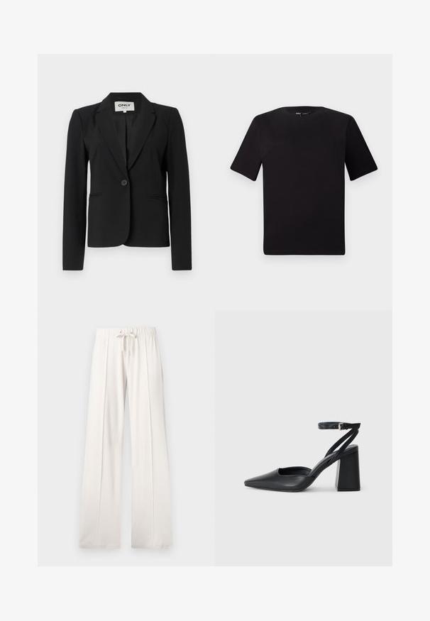 Juodas pritaikytas švarkas su vienu mygtuku, įpjovomis atlapais, priekinėmis kišenėmis ir ilgomis rankovėmis. Pagamintas iš lygaus audinio su struktūrizuotu dizainu.; Juodas trumpas rankovės marškinėlis su apvaliu iškirpimu, pagamintas iš minkštos medvilnės medžiagos. Paprastas dizainas, be matomų logotipų ar raštų.; Šviesiai smėlio spalvos sportinės kelnės, pagamintos iš minkštos medžiagos, su raišteliu juosmenyje, plačiomis ilgomis kojomis ir vertikaliomis siūlėmis, turinčios lygų paviršių.; Juoda odinė smailiagalė aukštakulnio bateliai su kulkšnies dirželiu ir storu kulnu. Lygus paviršius, elegantiškas dizainas ir minimalistiška estetinė.