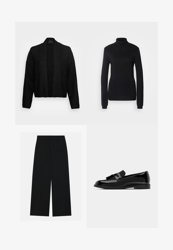 someday. NAYRA - Blazer - black; Suéter de gola alta preto feito de um tecido de malha suave, com mangas longas e uma silhueta ajustada, apresentando um colarinho e bainha canelados.; Calças pretas de perna larga feitas de um tecido suave. Apresentam uma cintura plana com passantes para cinto e sem bolsos visíveis. Design simples.; Mocassins pretos em couro verniz com salto baixo, apresentando um detalhe em franja e superfície lisa, desenhados com um bico arredondado e costura subtil.