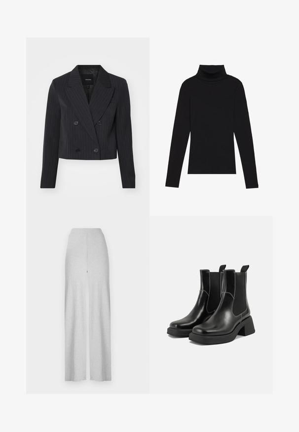 Blazer recortado de rayas negras con cierre de botones de doble botonadura, solapas afiladas y mangas largas, hecho de una tela texturizada.; Top de manga larga de cuello alto negro, hecho de tela de canalé, presenta un diseño ajustado con un cuello alto y sin patrones ni acentos.; Pantalones de pierna ancha gris claro de canalé con una cintura alta y una abertura frontal. Fabricados en un tejido suave con una textura lisa.; Botas Chelsea de cuero negro con tacón grueso, paneles laterales elásticos y costuras en blanco que contrastan. Acabado texturizado.