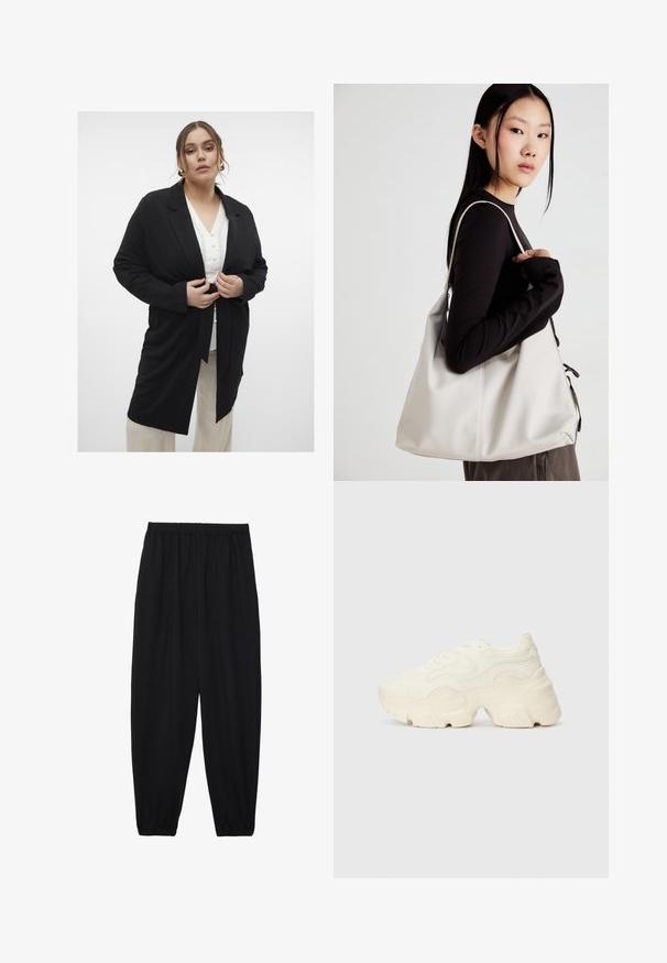 Fekete, hosszú ujjú blézer övvel a deréknál, szabott dizájnnal és hajtókás gallérral. Egy fehér ing fölött viselve, bézs nadrággal párosítva.; Fehér ujjatlan felső, kerek nyakkivágással. Simább anyagból készült, laza fazonnal és minimalista kialakítással rendelkezik. Nincsenek minták vagy díszítések.; Fekete, könnyű nadrág elasztikus derékkal és ráncolt bokákkal. Az anyag sima és laza, szűkített dizájnnal rendelkezik.; Tömbös fehér sneakers, amely texturált hálóból és szintetikus anyagokból készült, vastag talppal és bonyolult mintázattal az oldalakon.; Puha anyagból készült bézs kézitáska, laza dizájnnal, varrott részletekkel és két vállpánttal. Mindennapi használatra alkalmas.