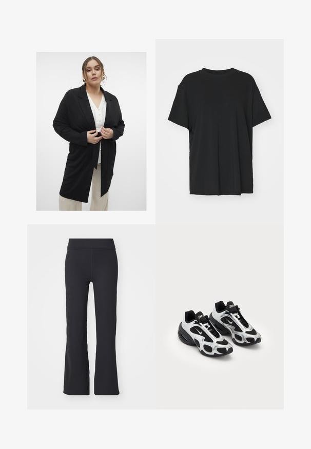 Melnas garas piedurknes žaketes ar jostu viduklī, pielāgota dizaina un apkakles. Nēsāta virs baltas pogām aiz pogas krekla, saskaņota ar bēšām biksēm.; Melna īsām piedurknēm T-krekli, izgatavots no gludas auduma, ar apaļu kakla izgriezumu un brīvu piegriezumu. Satur sānu šķēlumu, lai nodrošinātu papildu komfortu un gaisa caurlaidību.; Melni izplūdušo bikses, izgatavotas no elastīgas auduma ar augstu jostasvietu. Izceļas ar gludām līnijām un vienmērīgu tekstūru, piemērotas ikdienas valkāšanai.; Melnas un sudraba krāsas sporta kurpes ar sietiņu un sintētisku virsu, izceļoties ar izteiktu viļņotu dizainu un mīkstinātu apkaklīti, kā arī gaisa amortizāciju zole.